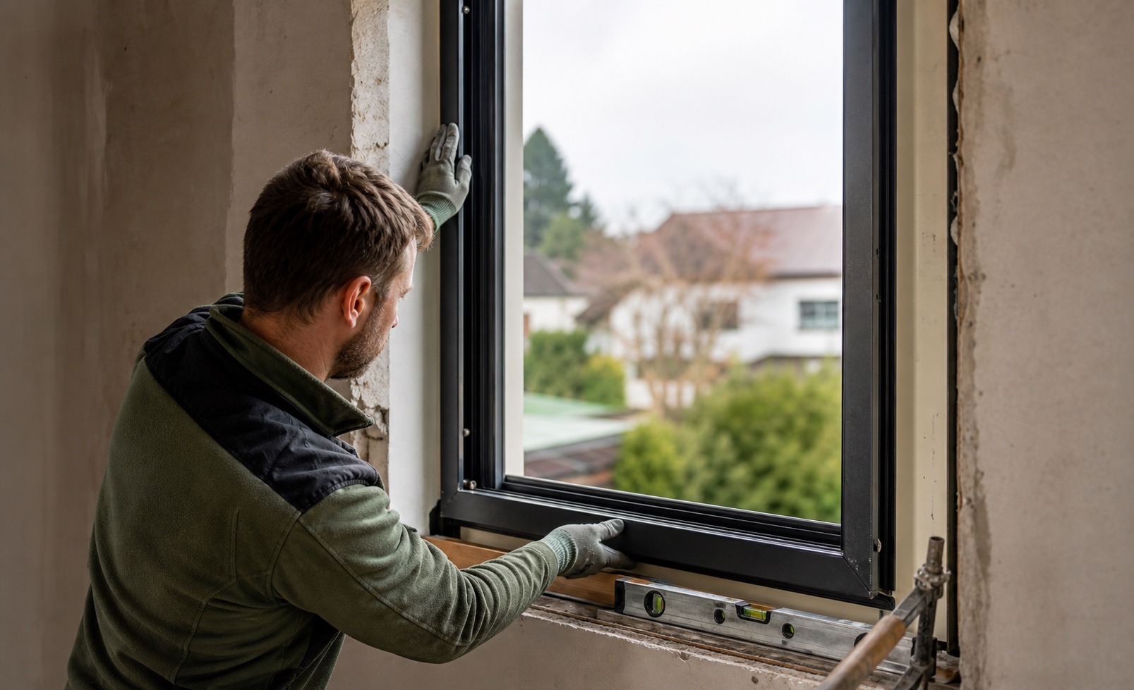 Handwerker beim sorgfältigen Einbau eines modernen Fensters